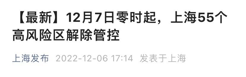 12月7日零时起上海55个高风险区解除管控
