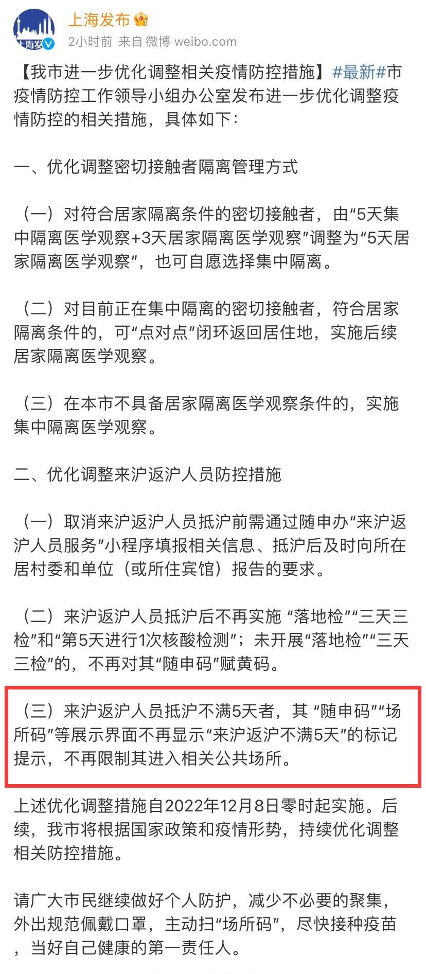 2022年12月8日上海取消来沪返沪不满5天规定