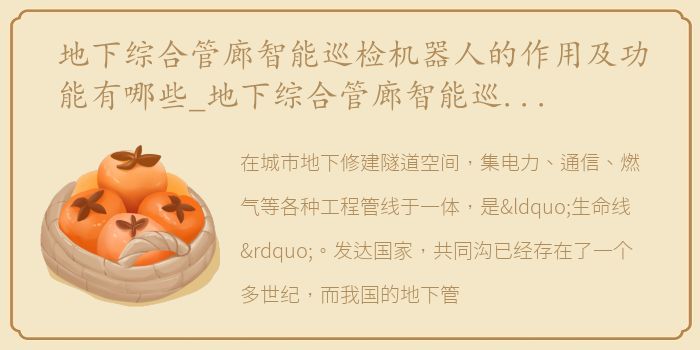 地下综合管廊智能巡检机器人的作用及功能有哪些_地下综合管廊智能巡检机器人的作用及功能