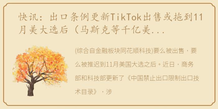 快讯：出口条例更新TikTok出售或拖到11月美大选后（马斯克等千亿美元富豪俱乐部成员增至4位）